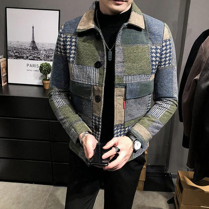 Autumn and Winter Fashion New Men's Casual Lapel Hoodless Jacket / Male Slim Plaid Woolen Coat