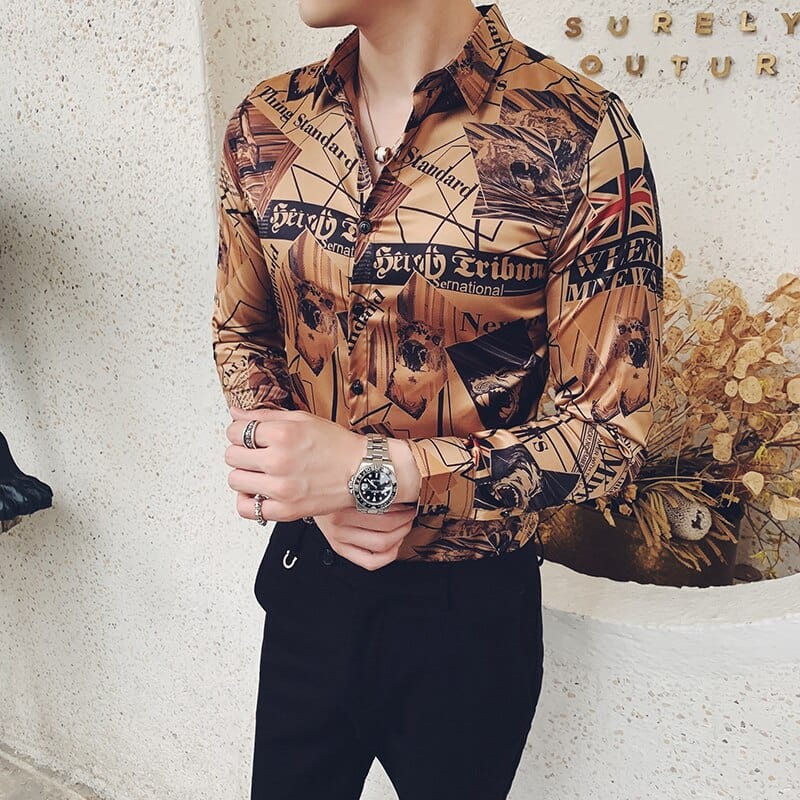 Gold Newspaper Printing Shirt Man Long Sleeve Camisa Masculina Shirts Men Clothes 2019 Autumn Camisa Homem Flower Shirt Men