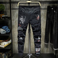 Fashion Trendy Embroidery letters Men College Boys Skinny Runway Zipper Denim Pants Destroyed Ripped Jeans Black White Jeans