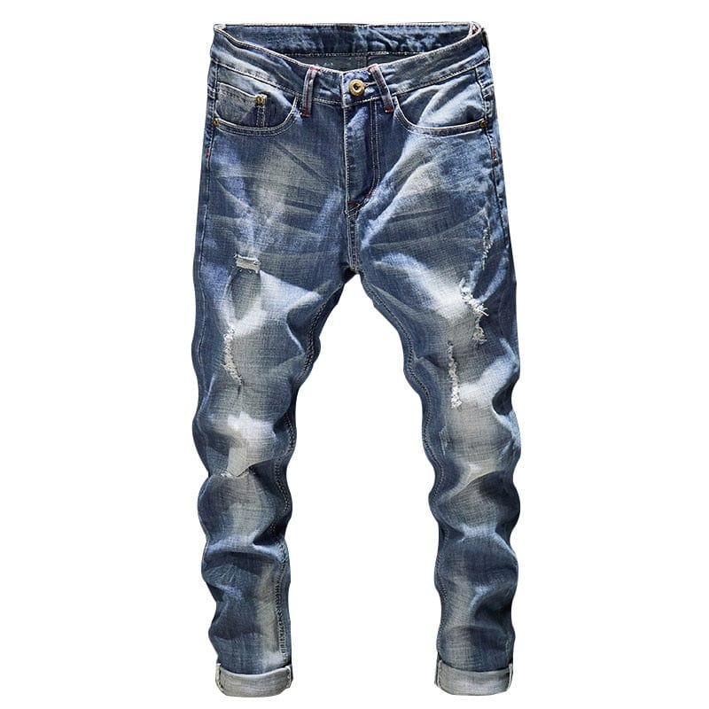 Blugi rupți bărbați, slim fit, albastru deschis, stretch, îmbrăcăminte de stradă, uzați hip hop, blugi casual, denim, pantaloni, pantaloni pentru bărbați