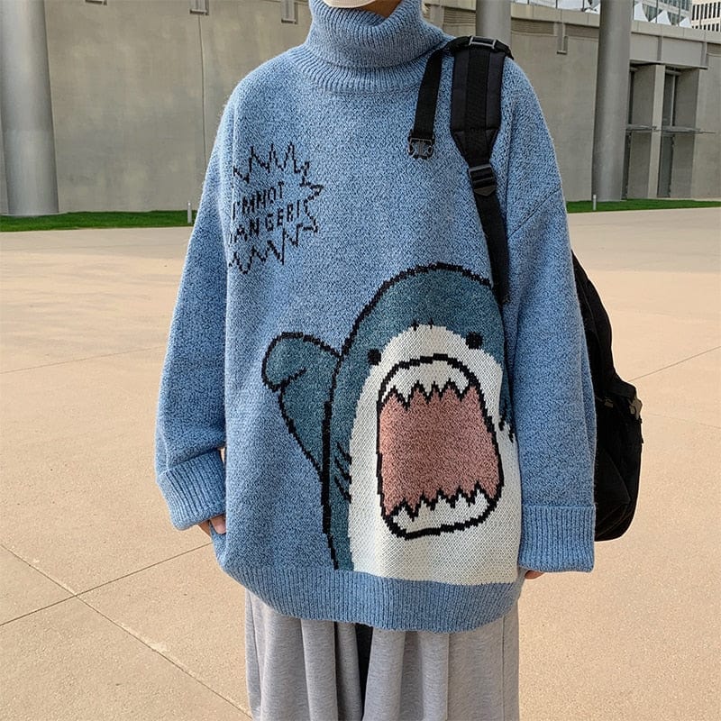 ZAZOMDE Men Turtlenecks Shark Sweater Men  Winter Patchwor Harajuku Korean Style High Neck Oversized Grey Turtleneck For Men