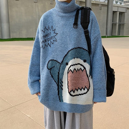 ZAZOMDE Men Turtlenecks Shark Sweater Men  Winter Patchwor Harajuku Korean Style High Neck Oversized Grey Turtleneck For Men