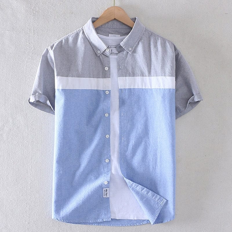 Schinteon Brand Men Summer 100% Cotton Shirt Oxford Short sleeved Smart Casual Slim Patchwork Shirt Turn-down Collar New