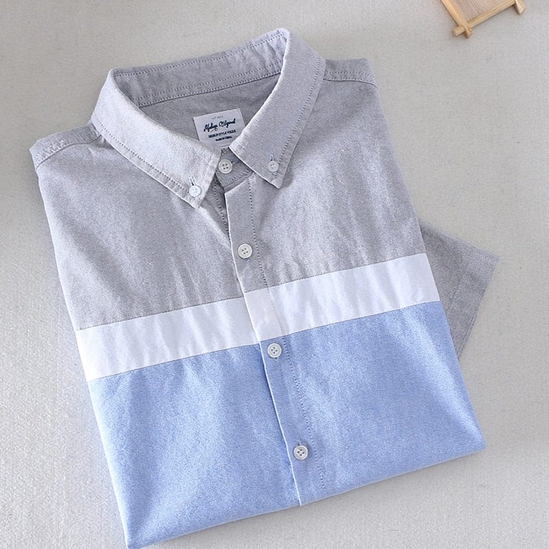 Schinteon Brand Men Summer 100% Cotton Shirt Oxford Short sleeved Smart Casual Slim Patchwork Shirt Turn-down Collar New