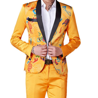 Fashion New Men's Casual Business Host Flower Suit Coat Pants 2 Pcs Set/ Men's Colorful Slim Fit Blazers Jacket Trousers