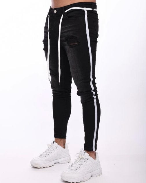 Blugi skinny bărbați Hip Hop cu dungi elastice, slim fit, pantaloni din denim, pantaloni elastici pentru bărbați, blugi, cu găuri rupte, pe genunchi