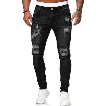 Mens Ripped Skinny Jeans Blue Slim Fit Hole Pencil Pants Casual Biker Trousers Streetwear  High Quality Denim Man Clothing