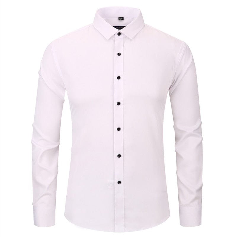 Anti-Wrinkle No-Ironing Elasticity Slim Fit Men Dress Casual Long Sleeved Shirt White Black Blue Red Male Social Formal Shirts