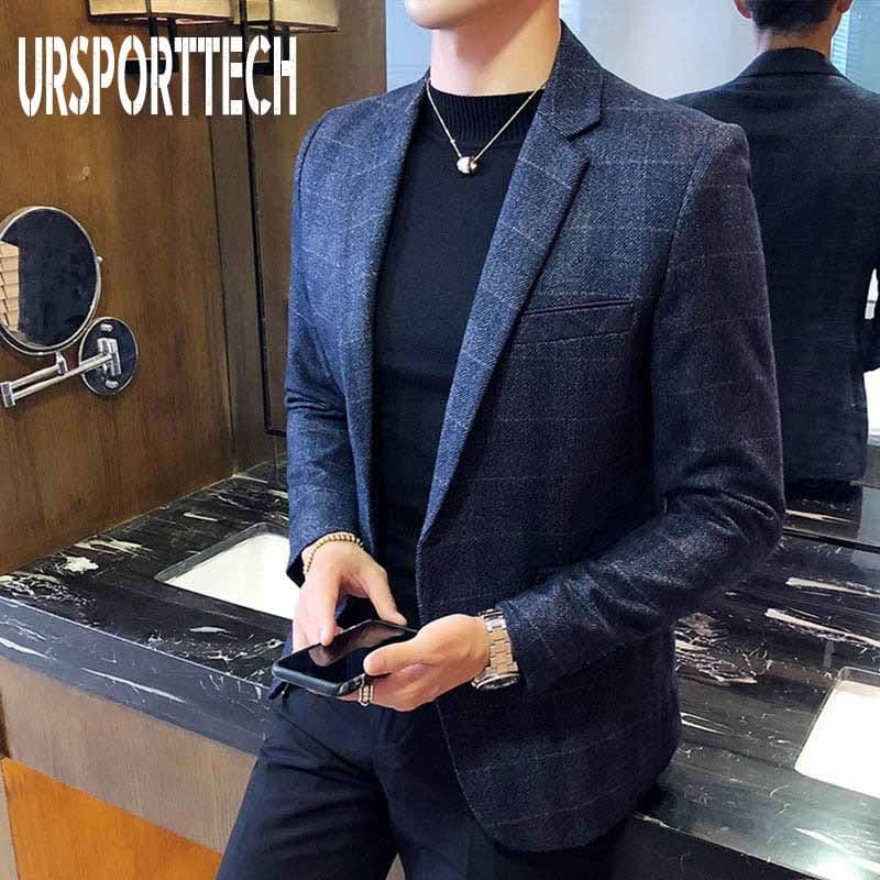 URSPORTTECH Men&#39;s Blazer British&#39;s Style Casual Slim Fit Suit Jacket Male Plaid Blazers Men Coat Terno Masculino Plus Size M-5XL