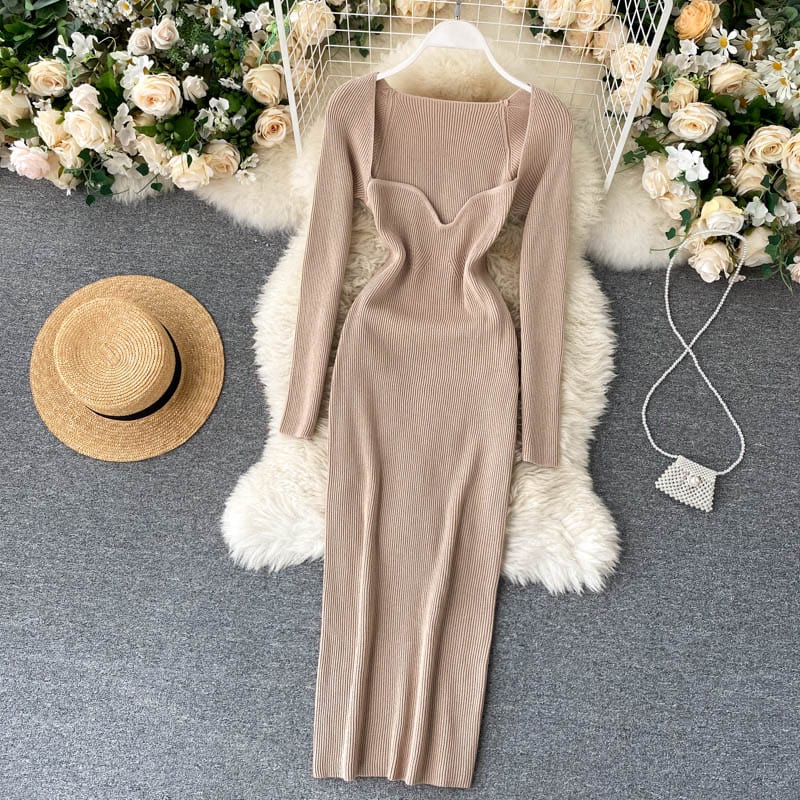 Croysier Dresses For Women 2021 Sexy Strapless Ribbed Knitted Bodycon Dress Women Winter Long Sleeve Midi Sweater Dress Clothes