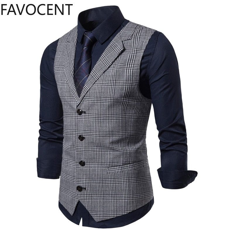 Mens Suit Vest Fashion Slim Fit Thin Plaid Men Waistcoat Tops Slim Business Vest Waistcoat Man England Style Male Leisure Suits