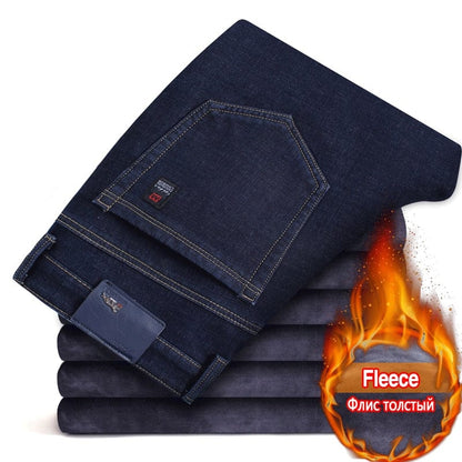 Winter New Men's Warm Slim Fit Jeans Business Fashion Thicken Denim Trousers Fleece Stretch Brand Pants Black Blue