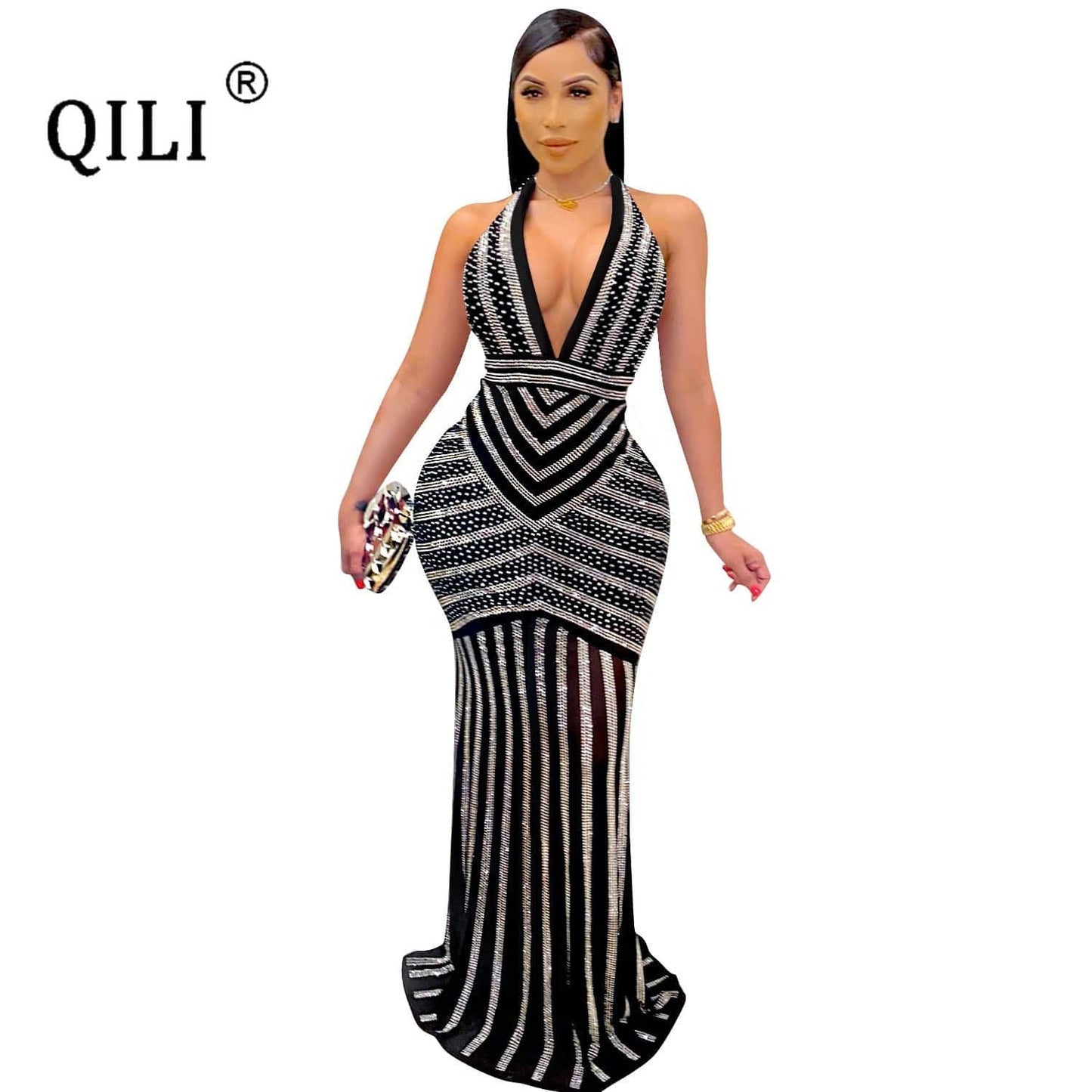 QILI Sexy Deep V Neck Halter Backless Dress Elegant Diamonds Maxi Long Dress Empire Waist Sexy Party Dresses for Womens