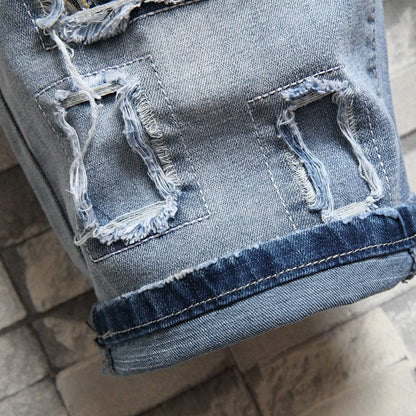 3D character art printed men's light blue comfortable denim shorts  summer new youth must-have fashion slim jeans shorts