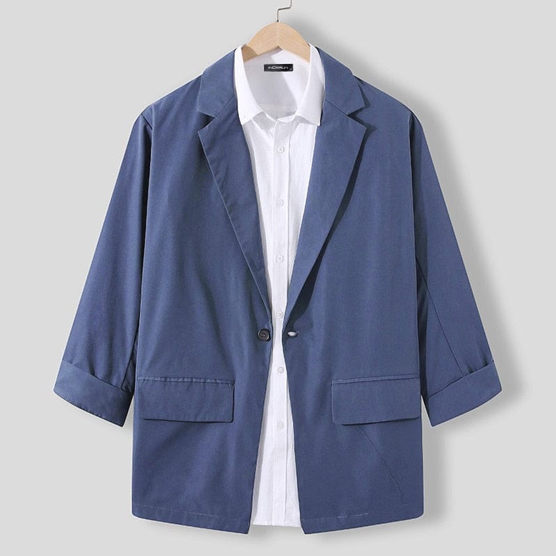 INCERUN Blazer de modă pentru bărbați, îmbrăcăminte de stradă, culoare solidă, rever, mânecă 3/4, cu un singur buton, costume de agrement, pentru bărbați, 2022, jachete subțiri, casual, S-5XL