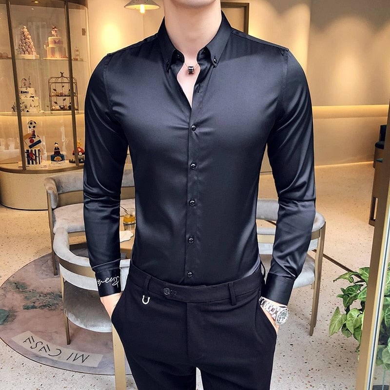 Decolteu Broderie Cămăși pentru bărbați cu mânecă lungă Casual Slim Fit Cămăși rochie pentru bărbați Culoare uni Formal Business Îmbrăcăminte socială Bluză