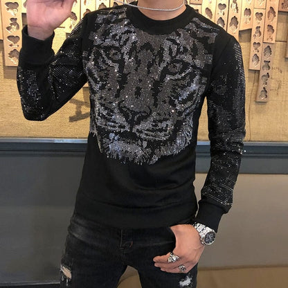 Autumn Winter New Fashion Brand Men's Tee Shirt Homme Personalized Trend Hot Drilling Tiger Head Men's Heavy Industry Tshirt Men