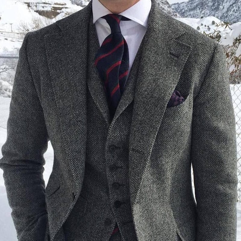 Gray Wool Tweed Men Suits For Winter Wedding Formal Groom Tuxedo 3 Piece Herringbone Male Fashion Set Jacket Vest with Pants