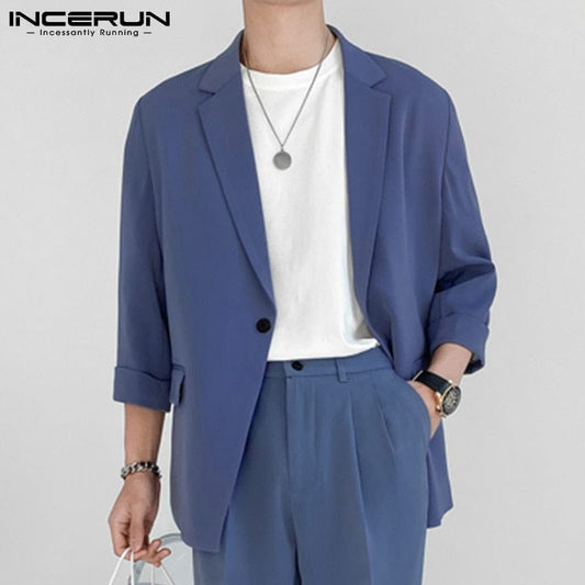 INCERUN Blazer de modă pentru bărbați, îmbrăcăminte de stradă, culoare solidă, rever, mânecă 3/4, cu un singur buton, costume de agrement, pentru bărbați, 2022, jachete subțiri, casual, S-5XL