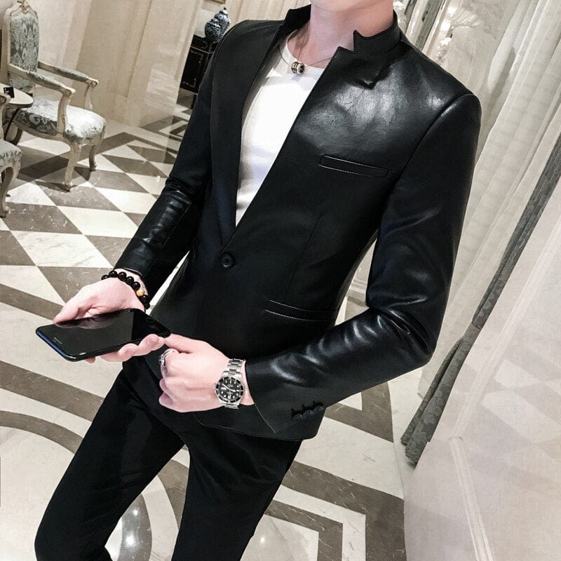 Men Suit Black Slim Fit Blazer Hombre PU Leather Jacket Male One Button Business Casual Prom Korean Suit Coat