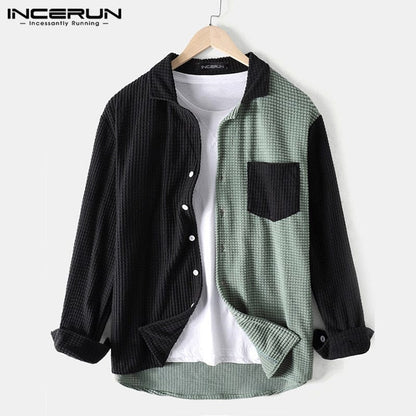 INCERUN Men Shirt Patchwork  Turn Down Collar Long Sleeve Chic Blouse Streetwear Button Casual Camisas Hombre Men Clothing 7