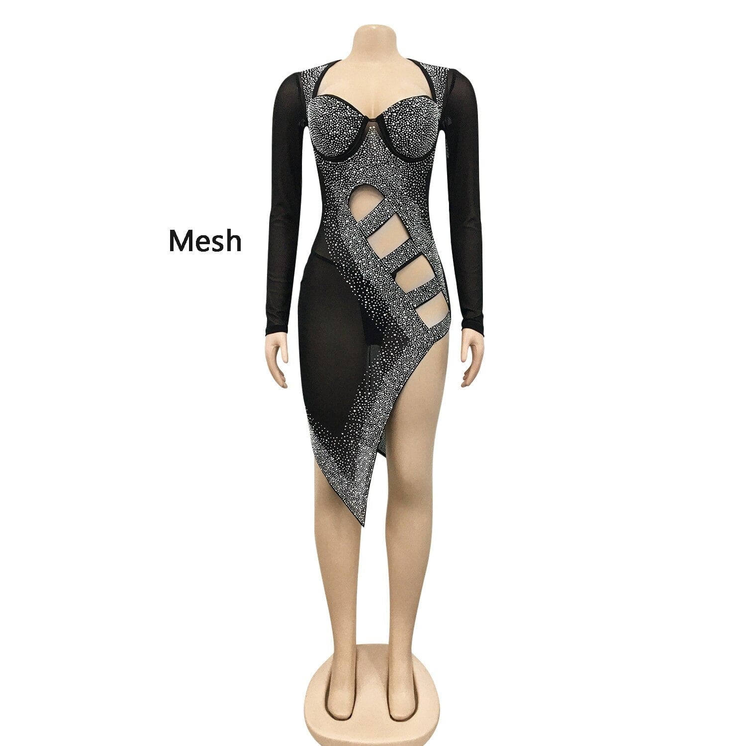 QILI New Arrivals Womens Diamonds Dress Sexy Square Collar Full Sleeve Hollow Out Rhinestone Dresses Elegant Ladies Party Dress