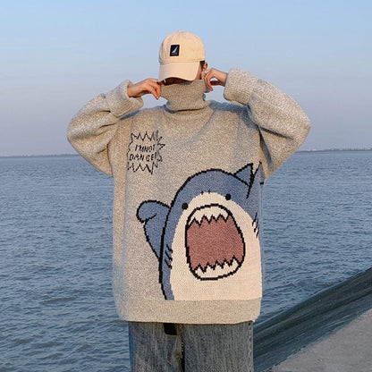 ZAZOMDE Men Turtlenecks Shark Sweater Men  Winter Patchwor Harajuku Korean Style High Neck Oversized Grey Turtleneck For Men