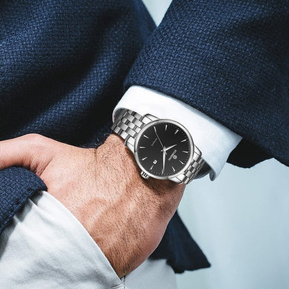 STARKING Business Men Watch 40mm Men's Mechanical Watch Simple Sapphire AM0184  Calendar Ultra Thin Mechanical Watch 5Bar
