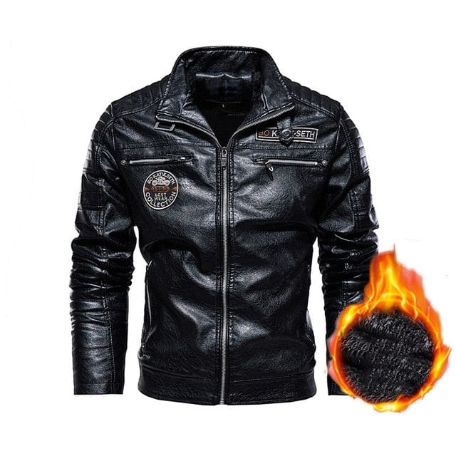 PU Leather Jacket Men Winter Fleece Warm Faux Leather Jackets Male Casual Stand Collar Motorcycle Windbreaker Military Mens Coat