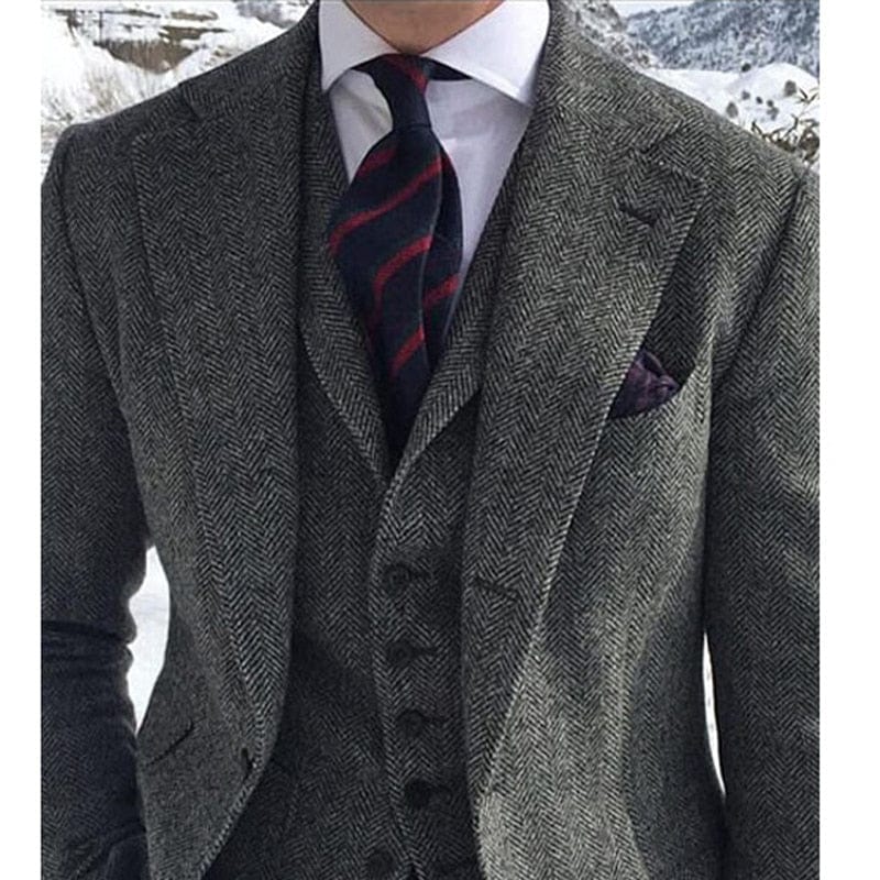 Costume de bărbați din tweed de lână gri pentru nuntă de iarnă Tuxedo de mire formal 3 piese Set de modă masculină în oase de pește Jachetă Vestă cu pantaloni