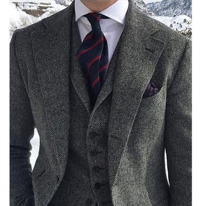 Costume de bărbați din tweed de lână gri pentru nuntă de iarnă Tuxedo de mire formal 3 piese Set de modă masculină în oase de pește Jachetă Vestă cu pantaloni