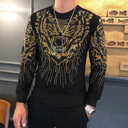 Autumn Winter New Fashion Brand Men's Tee Shirt Homme Personalized Trend Hot Drilling Tiger Head Men's Heavy Industry Tshirt Men