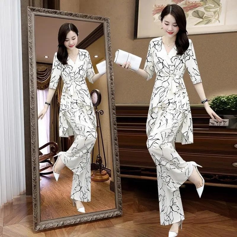 Oversize Women Summer Clothing Set Fashion High Waist Wide Leg Pants &amp; Irregular Hem Tops Two Pieces Suits Good Quality