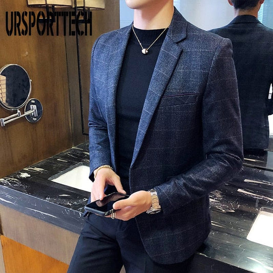 URSPORTTECH Blazer pentru bărbați, stil britanic, ocazional, slim fit, jachetă de costum, pentru bărbați, în carouri, haină pentru bărbați, Terno Masculino, M-5XL