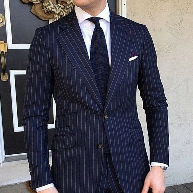 Pinstripe Slim Fit Men Suits for Formal Wedding Tuxedo Notched Lapel 2 Piece Navy Blue Striped Business Groom Male Fashion