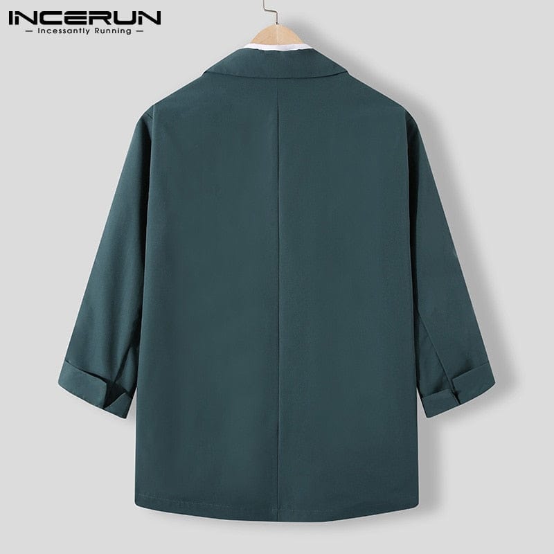 INCERUN Blazer de modă pentru bărbați, îmbrăcăminte de stradă, culoare solidă, rever, mânecă 3/4, cu un singur buton, costume de agrement, pentru bărbați, 2022, jachete subțiri, casual, S-5XL