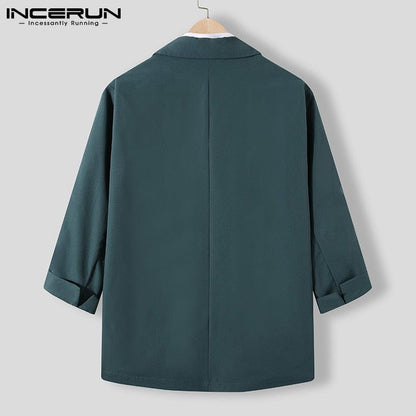 INCERUN Fashion Men Blazer Streetwear Solid Color Lapel 3/4 Sleeve One Button Leisure Suits Men  Casual Thin Jackets S-5XL