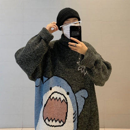 ZAZOMDE Men Turtlenecks Shark Sweater Men  Winter Patchwor Harajuku Korean Style High Neck Oversized Grey Turtleneck For Men