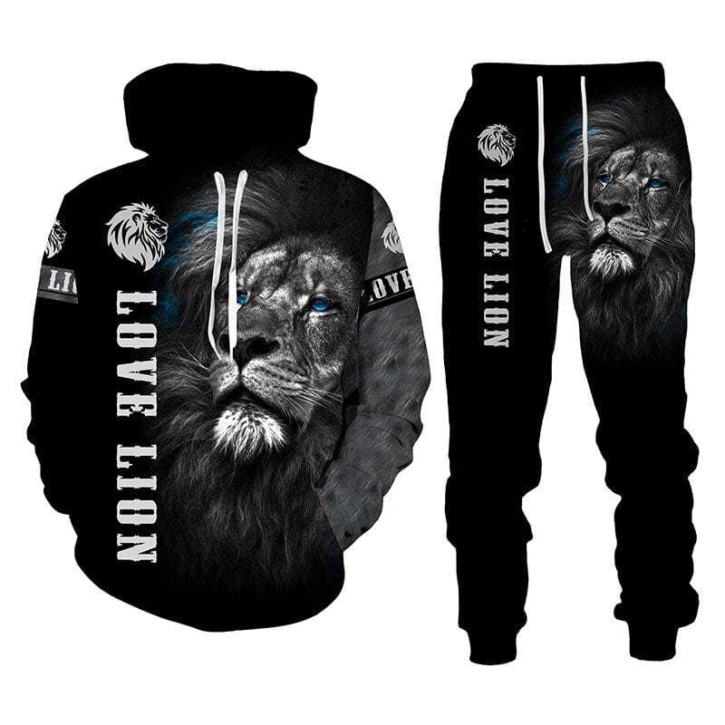 3D animal Lion Print Hoodie + Pants Two Piece Set Tracksuit Men Hooded Sweatshirts Autumn and Winter Men's Clothing Suit