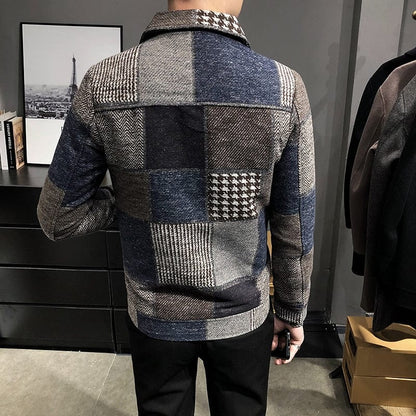 Autumn and Winter Fashion New Men's Casual Lapel Hoodless Jacket / Male Slim Plaid Woolen Coat