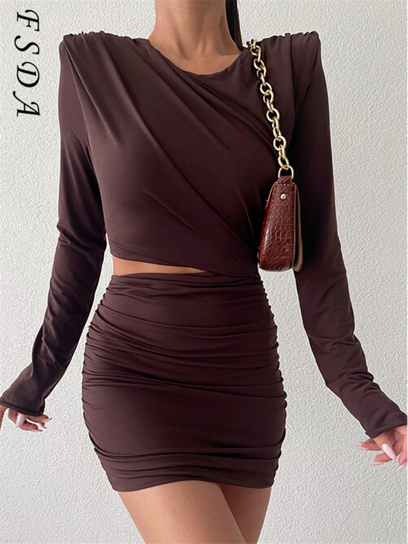 FSDA 2021 Hollow Out Bodycon Dress Mini Women Brown Autumn Winter Sexy O Neck Long Sleeve Elegant Party Dresses Black Club