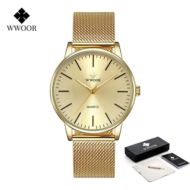 WWOOR Men Gold Watches  Luxury Brand Men Fashion Quartz Golden Clock Male Simple Sports Waterproof Wrist Watch Zegarek Meski