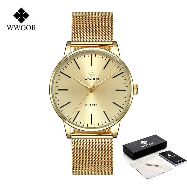 WWOOR Men Gold Watches 2022 Luxury Brand Men Fashion Quartz Golden Clock Male Simple Sports Waterproof Wrist Watch Zegarek Meski