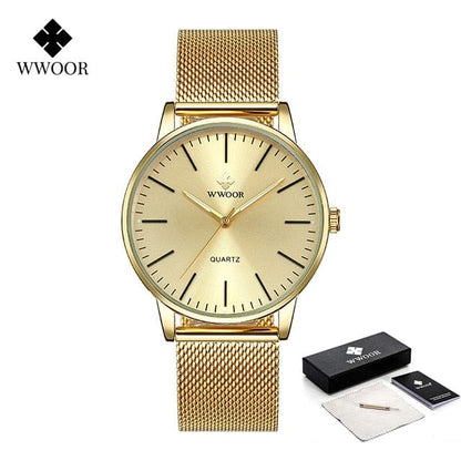 WWOOR Men Gold Watches  Luxury Brand Men Fashion Quartz Golden Clock Male Simple Sports Waterproof Wrist Watch Zegarek Meski