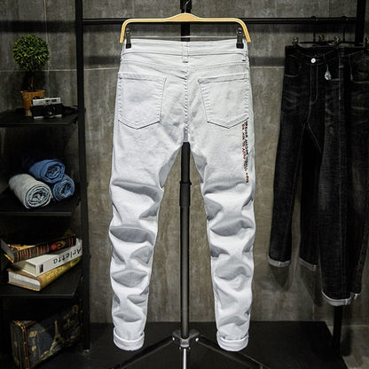 Fashion Trendy Embroidery letters Men College Boys Skinny Runway Zipper Denim Pants Destroyed Ripped Jeans Black White Jeans