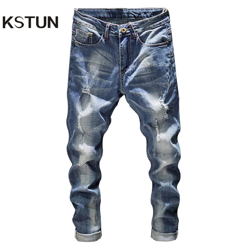 Blugi rupți bărbați, slim fit, albastru deschis, stretch, îmbrăcăminte de stradă, uzați hip hop, blugi casual, denim, pantaloni, pantaloni pentru bărbați