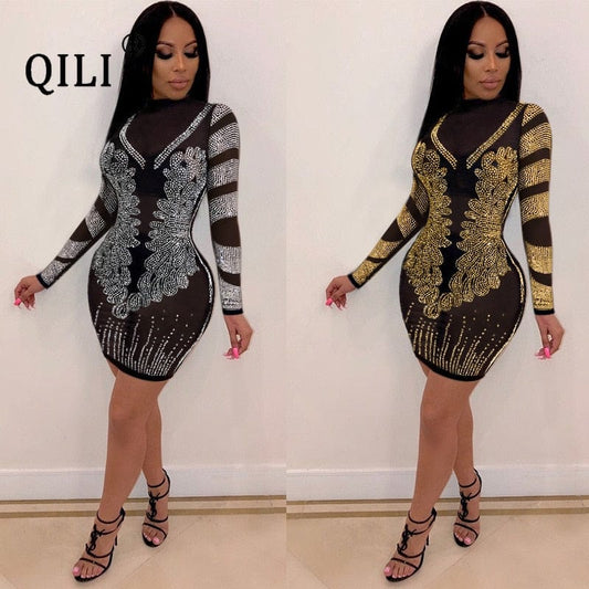 QILI Black Gold Diamonds Dress for Womens Sexy See Through Mesh Rhinestone Long Sleeve Dresses Party Club Short Dress Mini