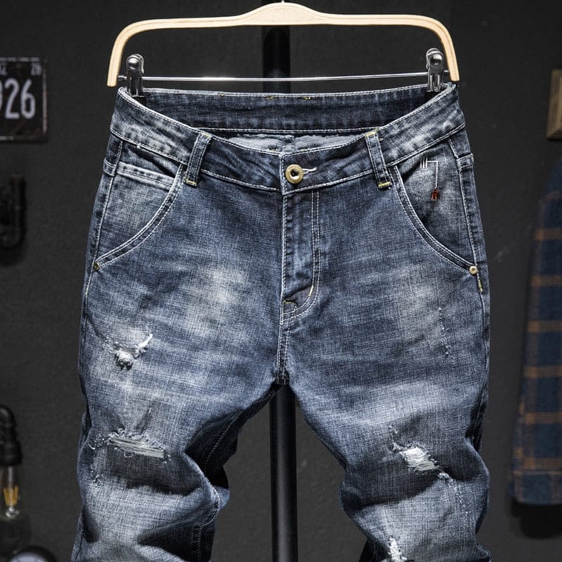 Blugi biker bărbați, albastru închis, stretch, slim fit, rupti, îmbrăcăminte de stradă, pantaloni din denim, ocazional, retro, pantaloni pentru bărbați, pantaloni hiphop pentru bărbați.