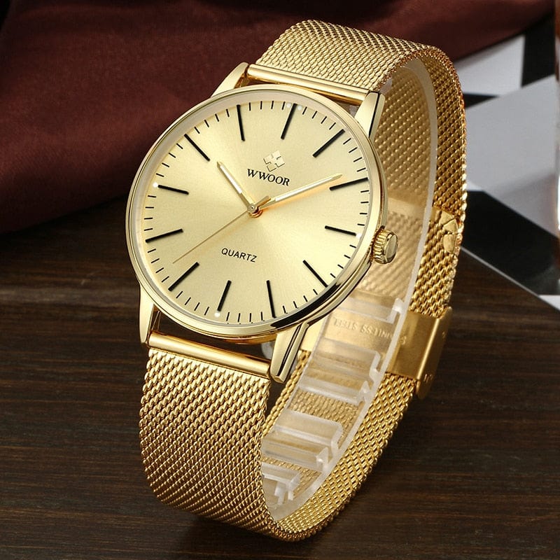 WWOOR Men Gold Watches 2022 Luxury Brand Men Fashion Quartz Golden Clock Male Simple Sports Waterproof Wrist Watch Zegarek Meski