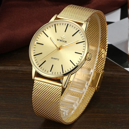 WWOOR Men Gold Watches  Luxury Brand Men Fashion Quartz Golden Clock Male Simple Sports Waterproof Wrist Watch Zegarek Meski